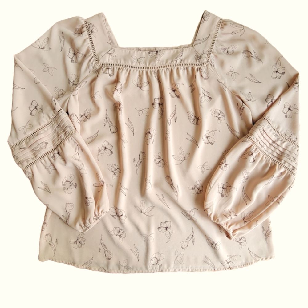 🌟 LC LAUREN CONRAD Light Peach Blouse Floral Peasant Balloon Sleeve Wm's Sz M